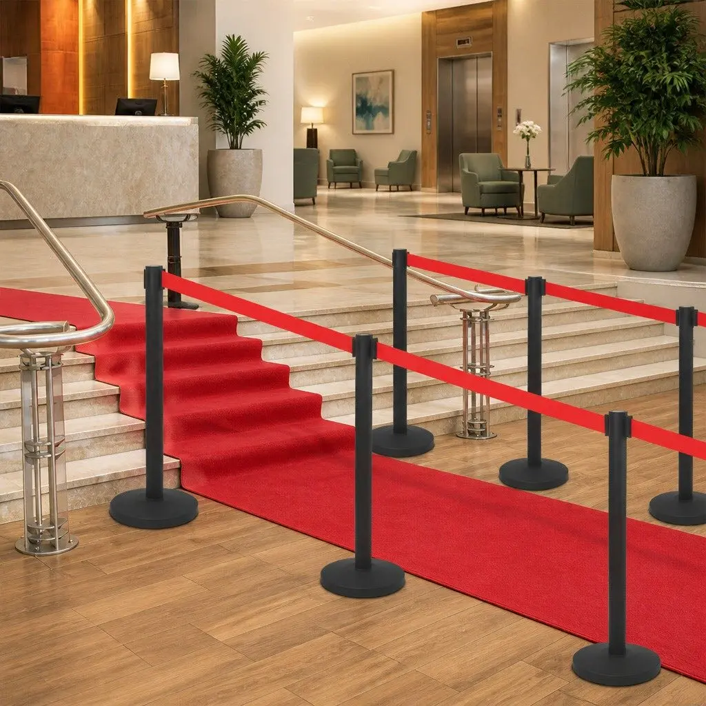 Stanchion Barrier Retractable Belt Crowd Control 4 Piece Black Iron