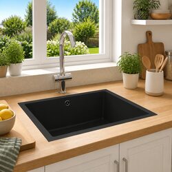 Black Granite Kitchen Sink Single Basin Extra Deep Overhead Mount Undermount