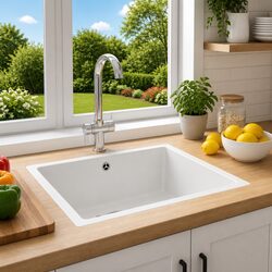 White Granite Kitchen Sink Single Basin Overflow Hole Above Under Mount Strainer