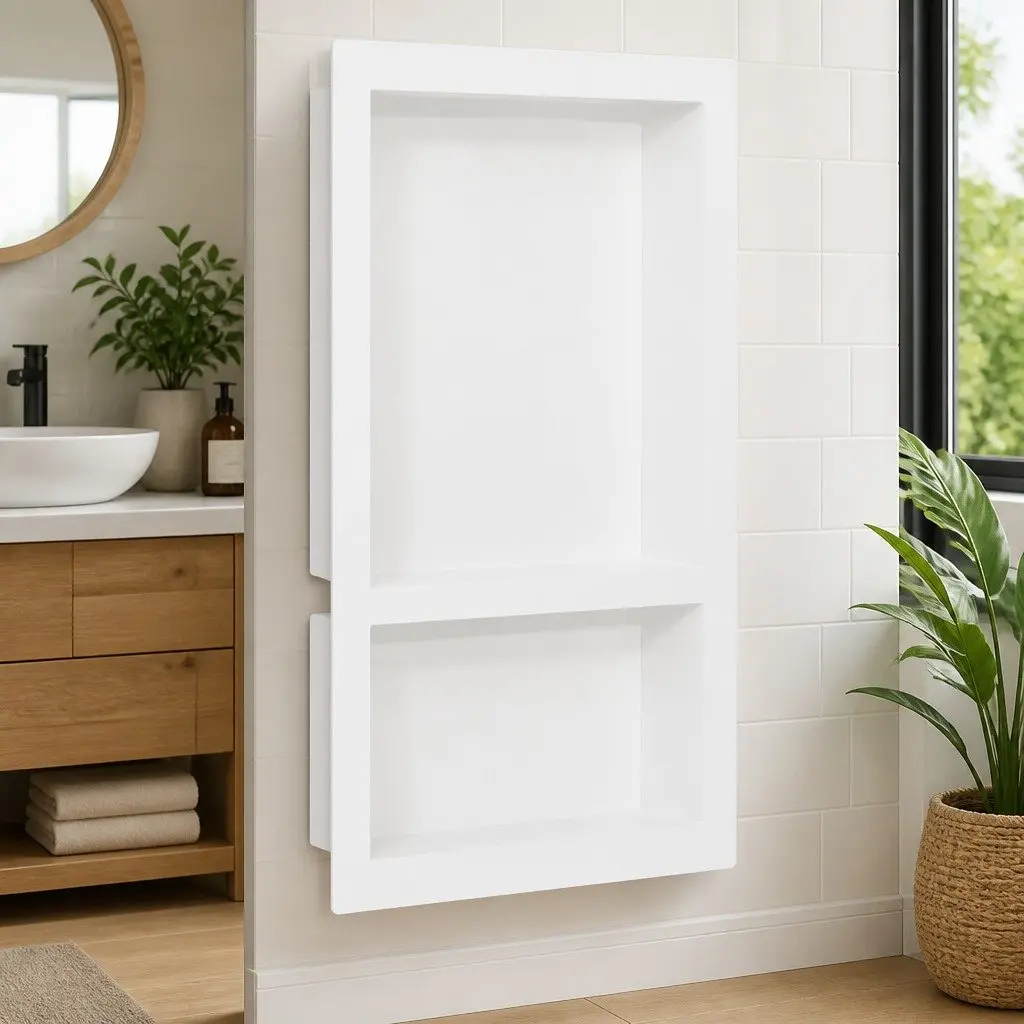 Shower Niche Wall Mounted Shelf Unit Two Compartments High Gloss White SMC Material