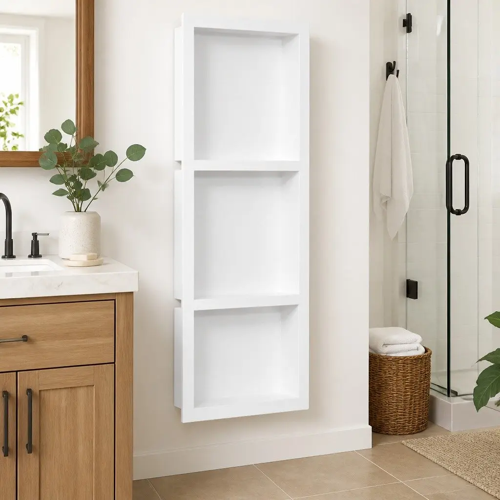 Shower Niche Wall Mount 3 Compartments High Gloss White Bathroom Storage Shelf