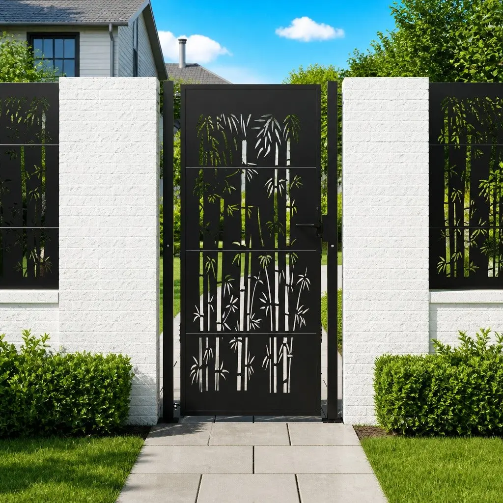 Garden Gate Anthracite 100x175cm Steel Bamboo Design Outdoor Fencing Entry