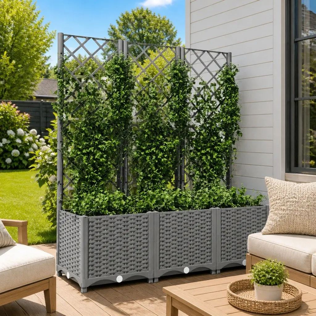 Garden Planter with Trellis Integrated Support Grey 120x40x136cm