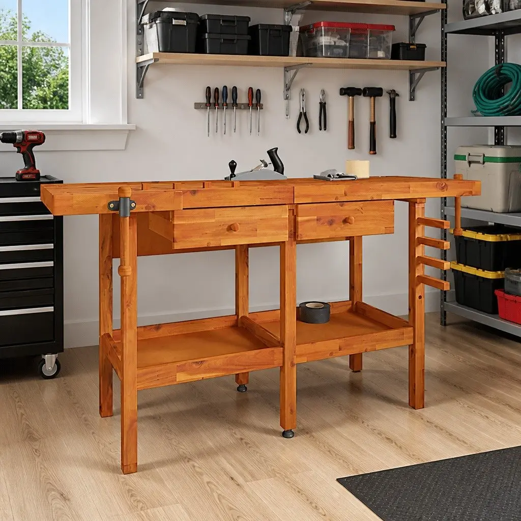 Solid Wood Workbench with Dual Vices and 2 Drawers 162x62x83cm Brown