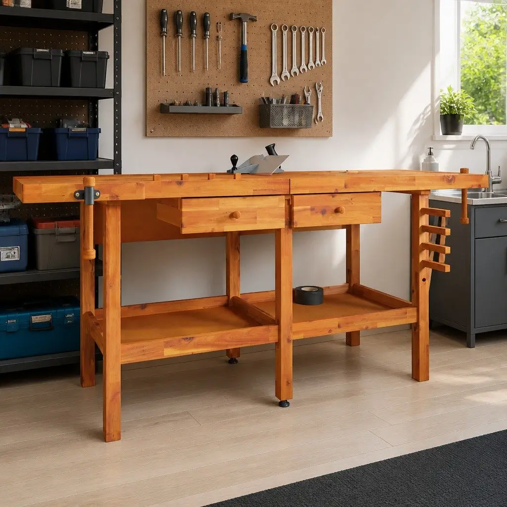 Solid Wood Workbench with Drawers Storage Shelf Dual Vice 192x62x83cm Brown