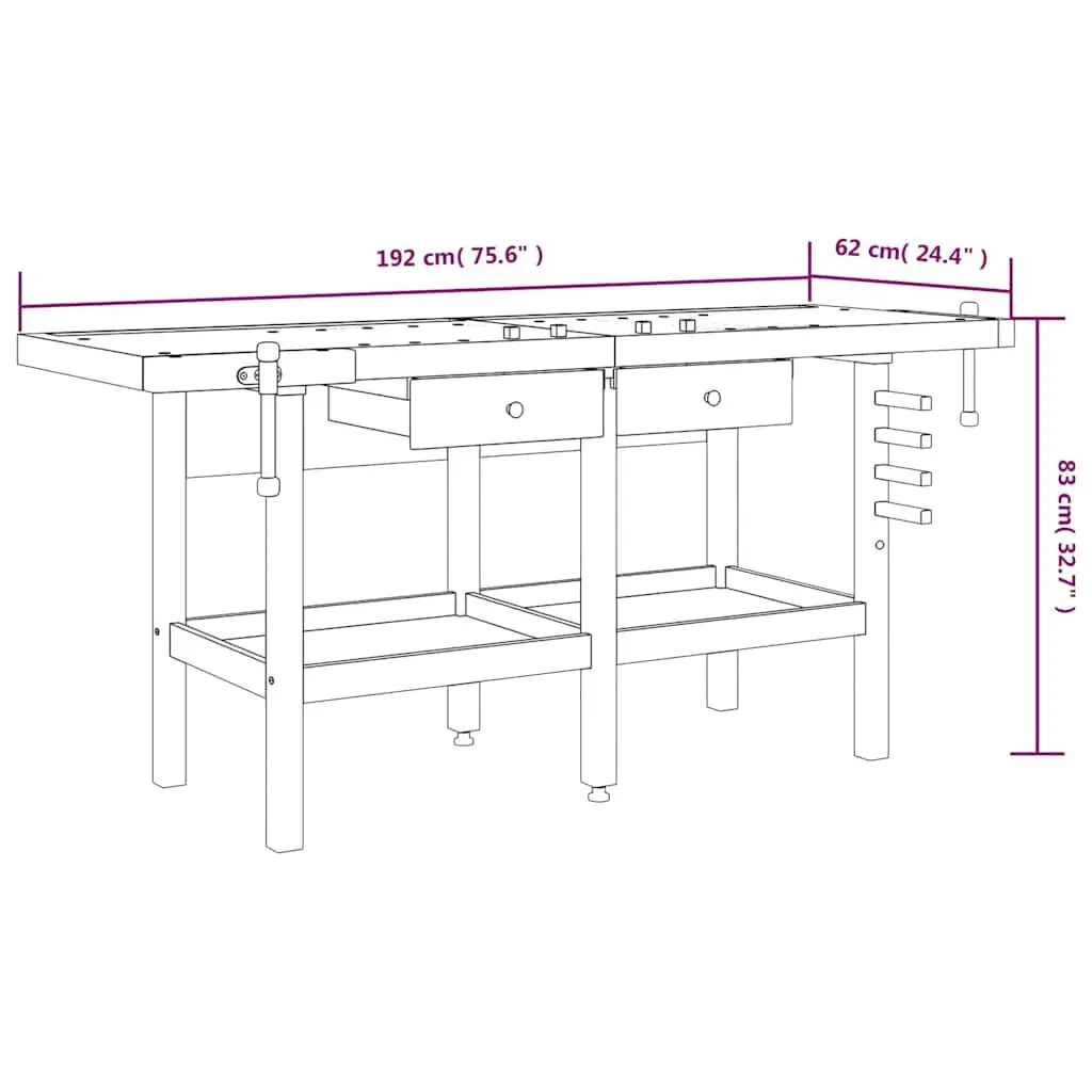 Solid Wood Workbench with Drawers Storage Shelf Dual Vice 192x62x83cm Brown