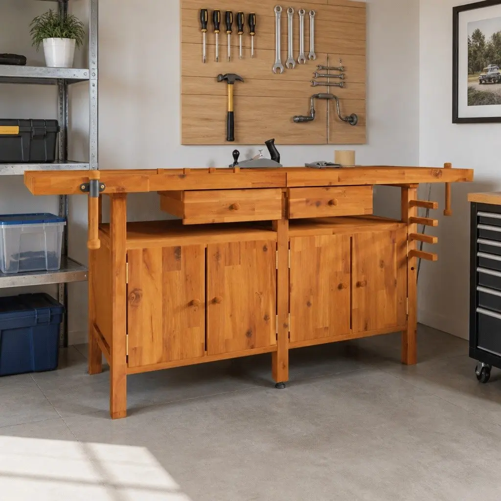 Workbench Solid Acacia Wood 192x62x83 cm Brown with Drawers and Vices