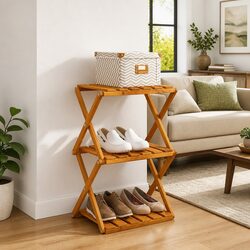 3-Tier Folding Shelf Brown Wood Standing Storage Bookcase Display Rack Unit