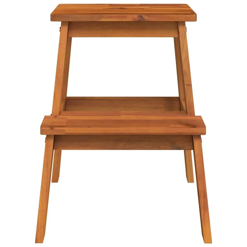 Wooden 2 Step Stool Solid Acacia Wood Brown Curved Edges Kitchen Bathroom Furniture