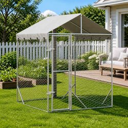 Outdoor Dog Kennel Run with Protective Roof Spacious Animal Enclosure