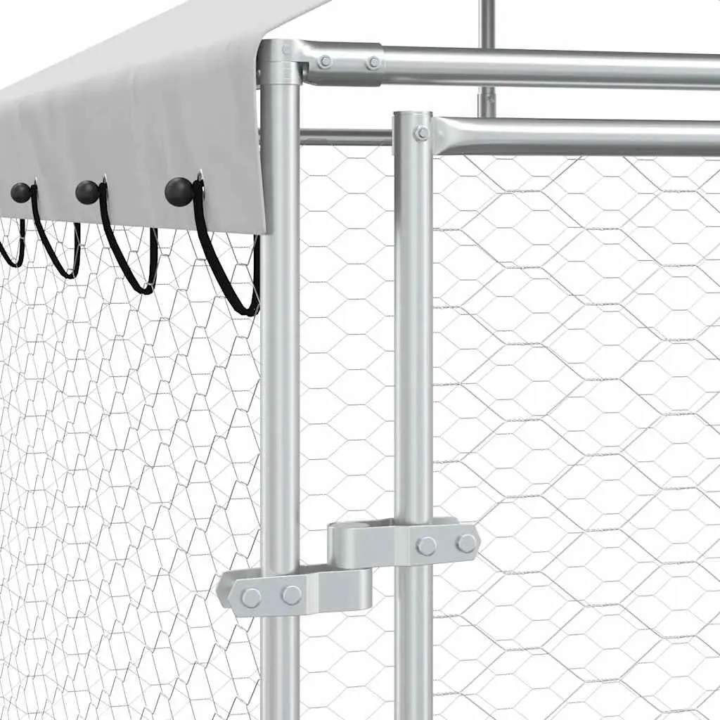 Dog Kennel Run Spacious Outdoor Enclosure with Protective Roof Galvanised Steel Silver