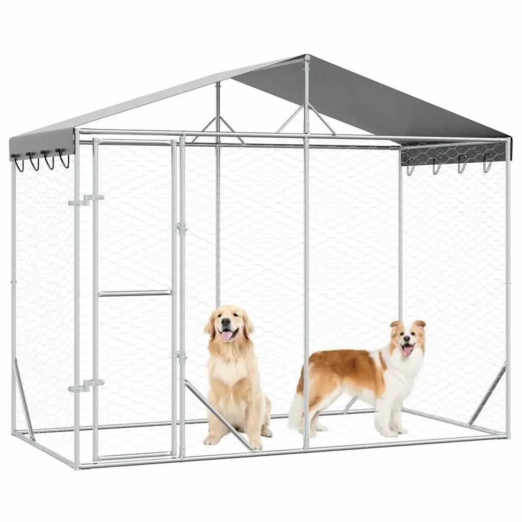 Outdoor Dog Kennel with Roof Galvanised Steel 3x1.5x2.5m Silver