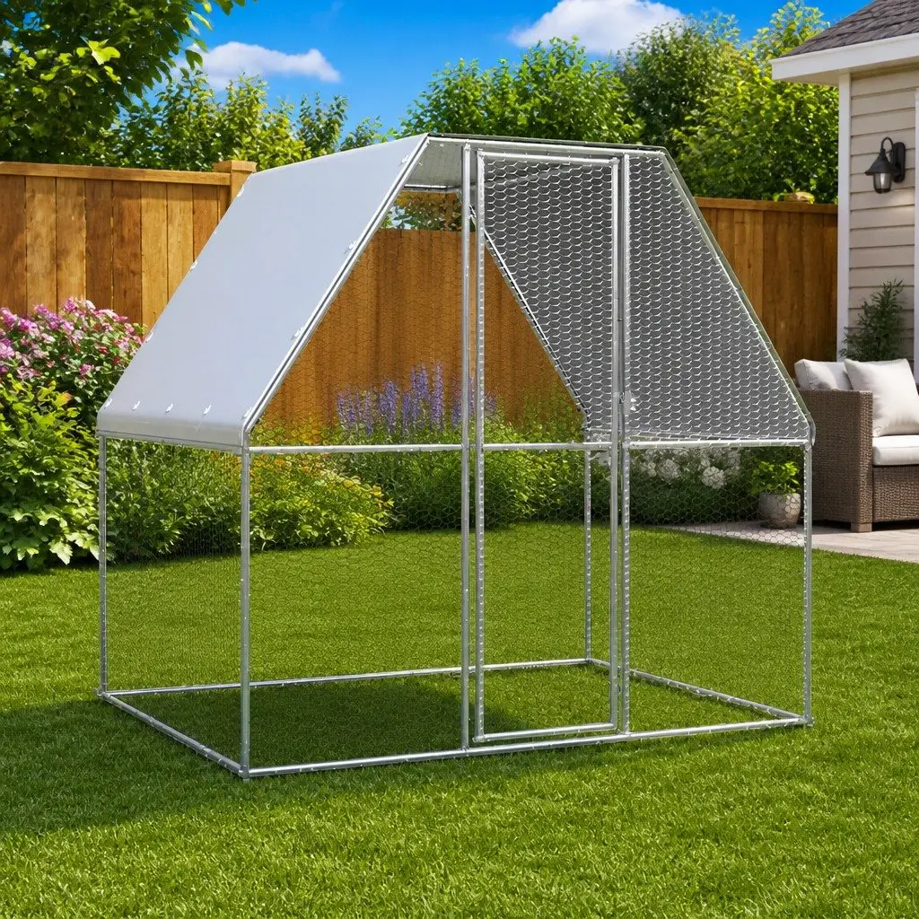 Chicken Cage Galvanised Steel Walk In Coop 2x2x2 m Silver Grey