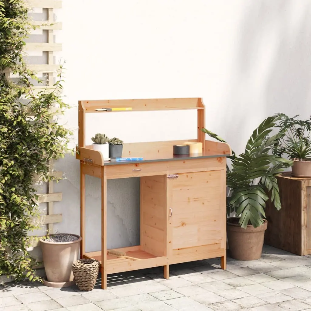 Potting Table with Cabinet Solid Wood Fir Brown 110.5x45x124.5 cm Garden Plant Stand