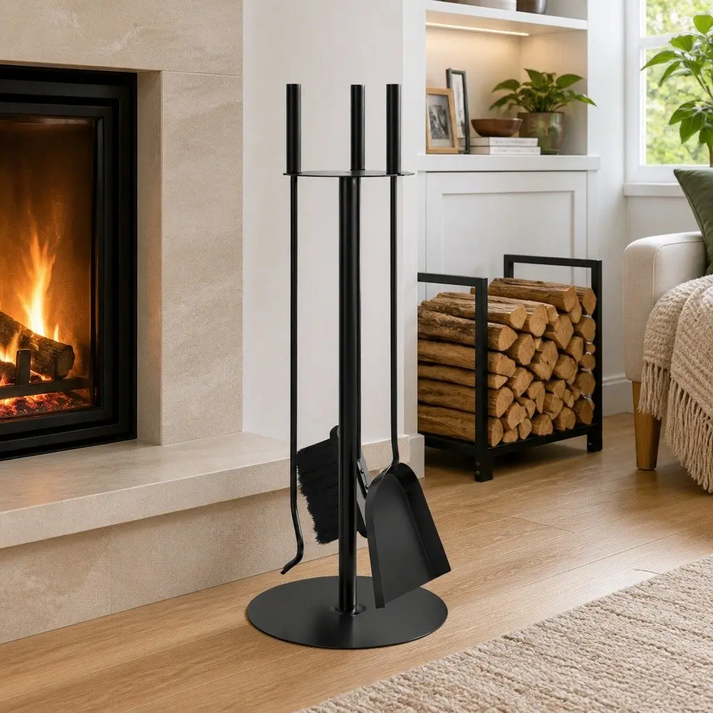 Fireplace Tool Set 4 Piece Steel Black Poker Shovel Broom Brush Ash Cleaning Rack