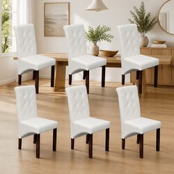 Dining Chairs Set of 6 White Faux Leather Ergonomic Kitchen Seating with Wood
