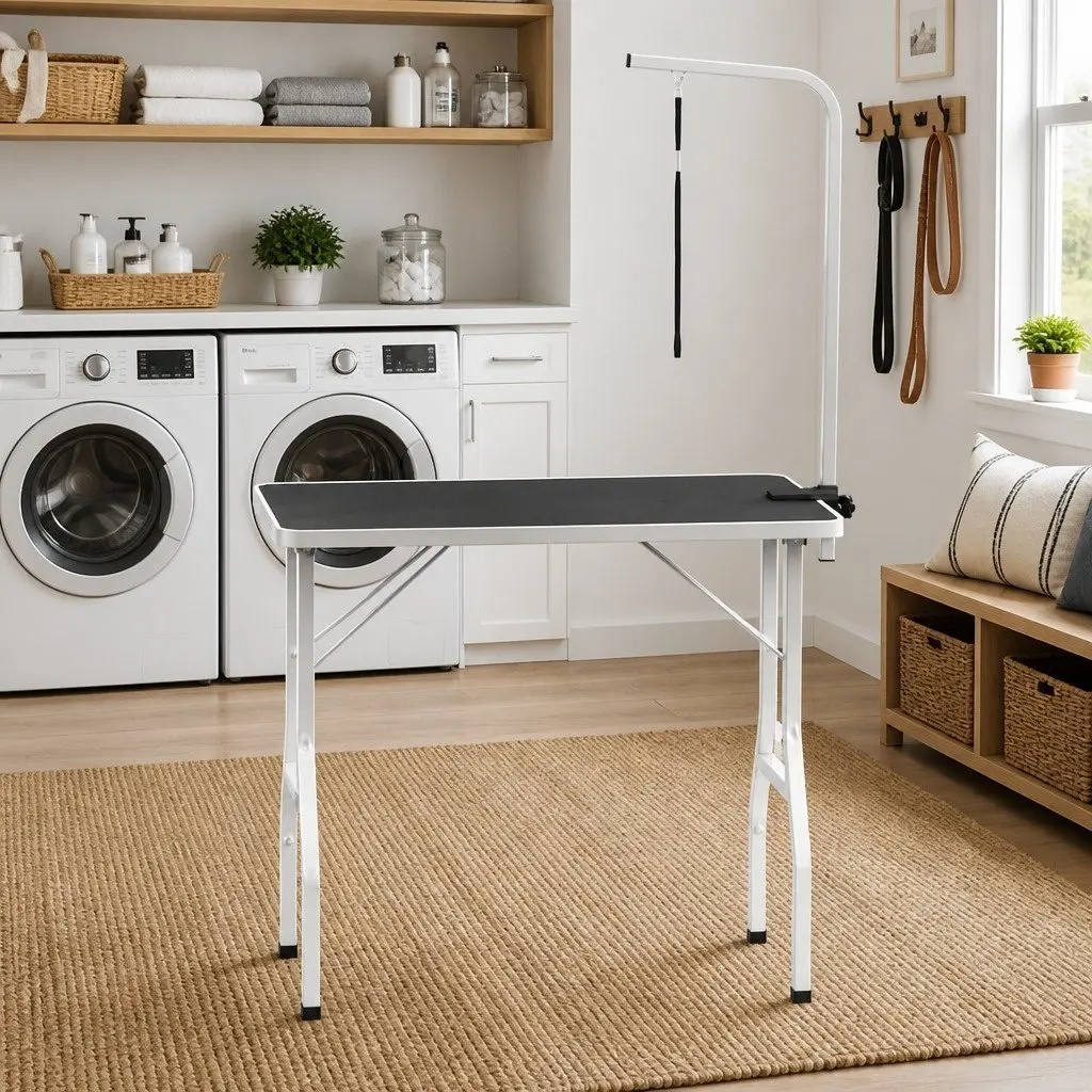 Foldable Grooming Table Adjustable Arm Non-Slip Brown