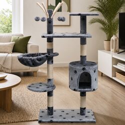 Cat Tree with Sisal Scratching Posts 125cm Paw Prints Grey Multi-Level Play