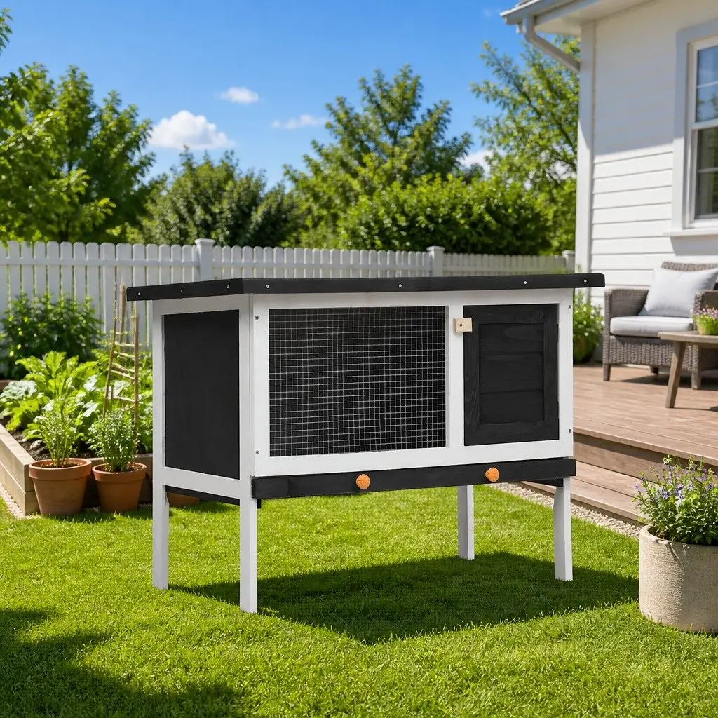 Outdoor Rabbit Hutch Single Layer Grey Wood Small Animal Cage Enclosure