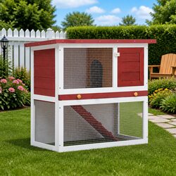 Outdoor Rabbit Hutch Wood Cage Small Animal Pet Enclosure with Ramp Door Red