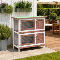 Outdoor Rabbit Hutch 4 Doors Red Wood 2 Layer Small Animal Cage Enclosure