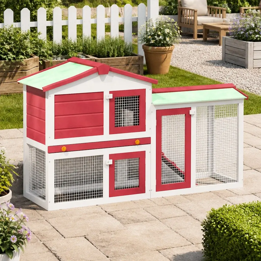 Outdoor Rabbit Hutch Large Wooden Two Layer 145x45x84cm Red White