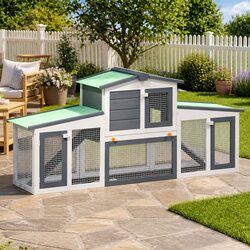 Large Outdoor Rabbit Hutch Two Layer Wooden Small Animal Cage Run House Grey