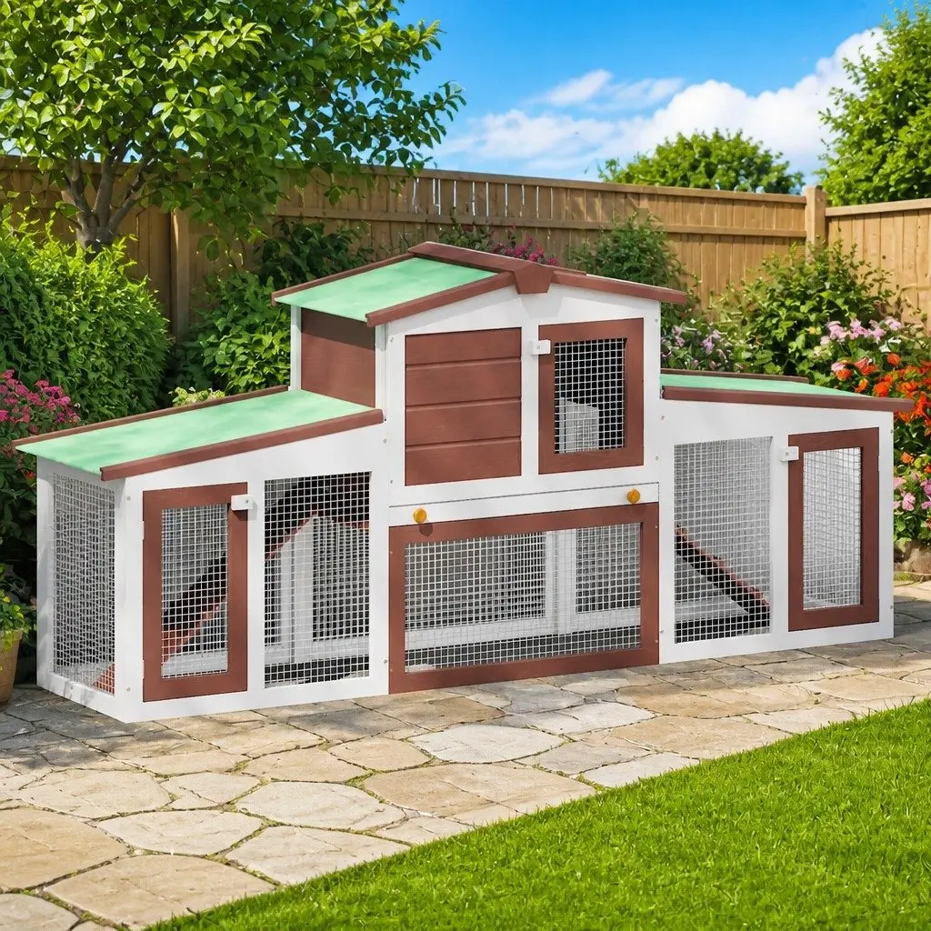 Outdoor Rabbit Hutch Large Wooden Cage Two Layer Brown and White