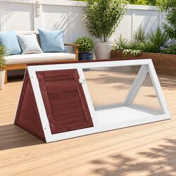 Rabbit Cage Small Animal Wooden Habitat Brown Wood Wire Mesh Door Outdoor Pet