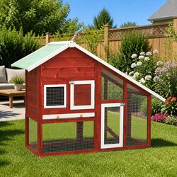 Rabbit Hutch 2-Layer Red Wooden Small Animal Cage Outdoor Pet House with Ramp