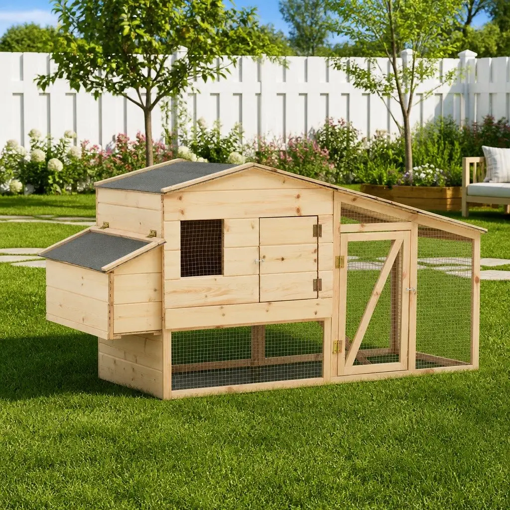 Chicken Cage Solid Pine Wood Brown Hutch with Steel Wire Mesh Ramp