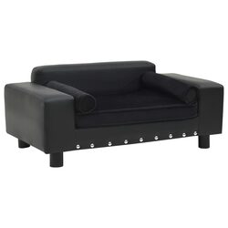 Dog Sofa Pet Bed Black Plush Faux Leather Cushion Small Animals Couch