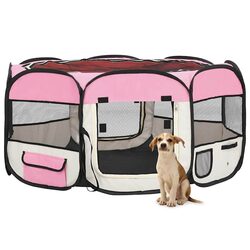 Foldable Dog Playpen Pink 145x145x61cm Portable Pen Enclosure with Carrying Bag