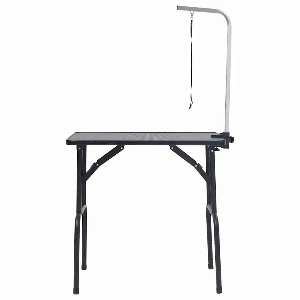 Dog Grooming Table Adjustable Height Foldable Black Non-Slip Surface Stainless Steel Arm