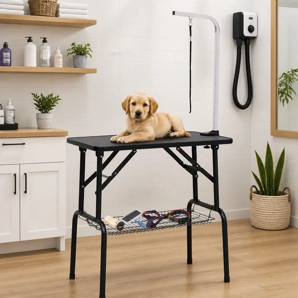 Dog Grooming Table Adjustable Height Foldable Non-Slip Tabletop Steel Legs Black