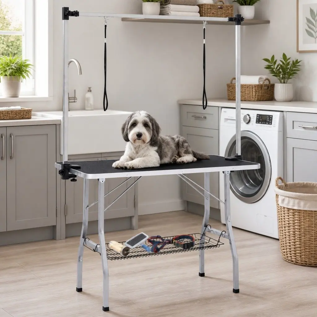 Dog Grooming Table Adjustable Height Foldable Non-Slip Black Steel