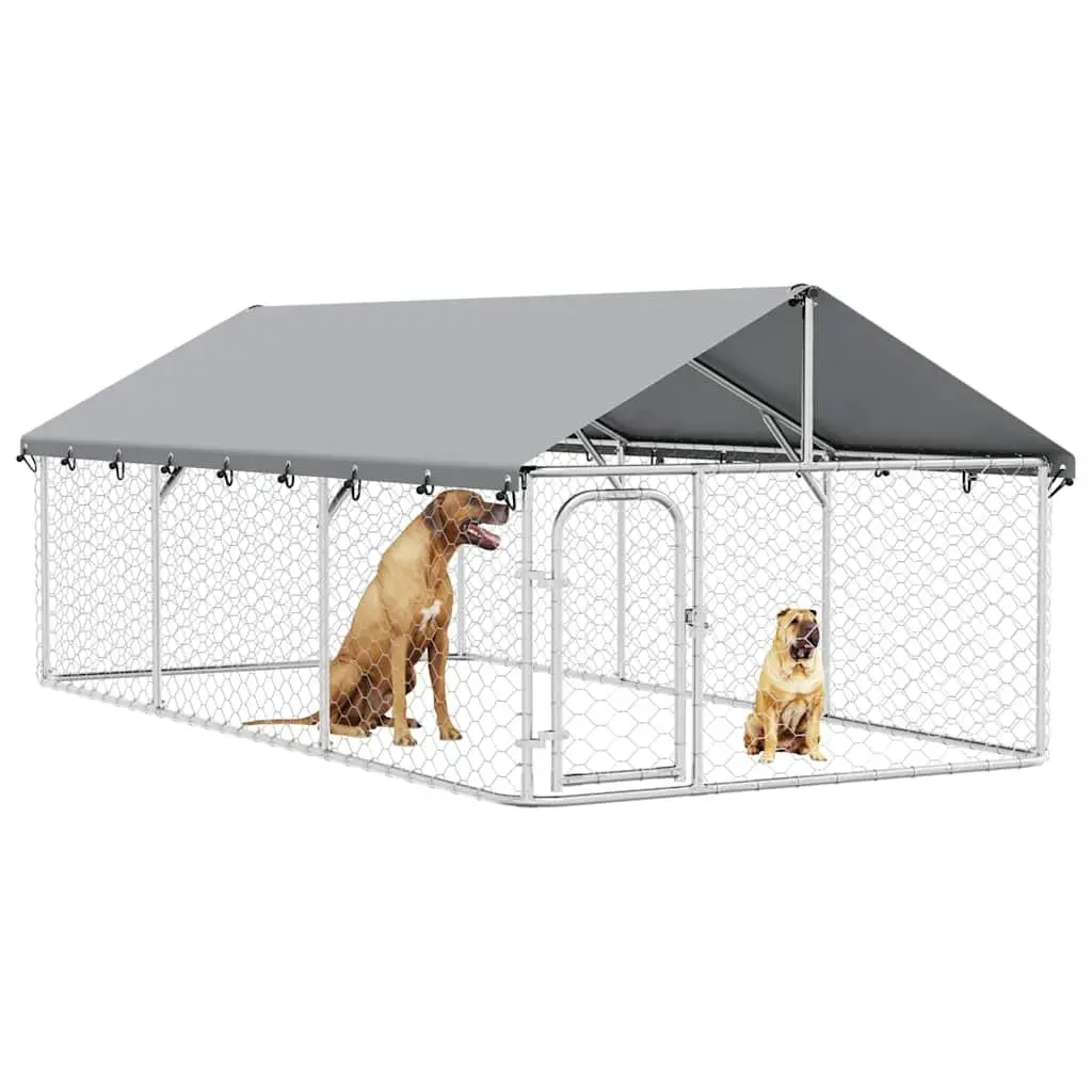 Outdoor Dog Kennel Sturdy Steel Mesh Run with Roof 400x200x150cm Silver