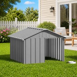 Dog House Grey Outdoor Kennel Shelter Galvanised Steel Weather Protection