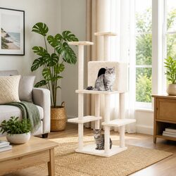 Cat Tree with Sisal Scratching Posts Multi-Level House Platform Cream 144.5cm
