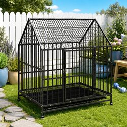 Dog Cage with Wheels Black Galvanised Steel Pet Enclosure Outdoor Indoor Housing