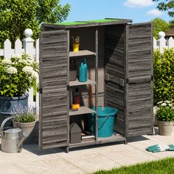 Garden Tool Shed Grey Outdoor Storage Solid Pine Wood Rainproof Roof 83x57x140cm