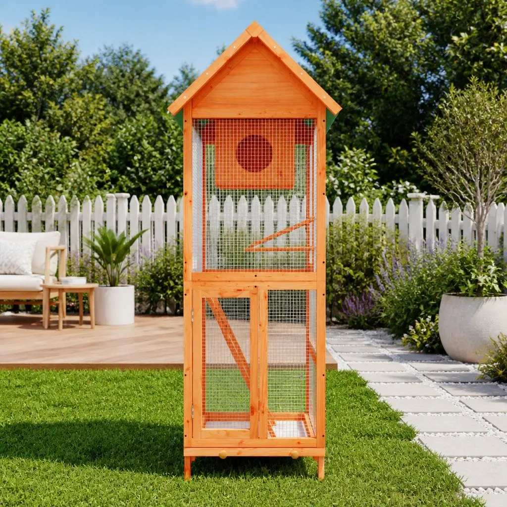 Large Outdoor Bird Aviary House Wooden Nesting Box Perches Ladder Garden Brown