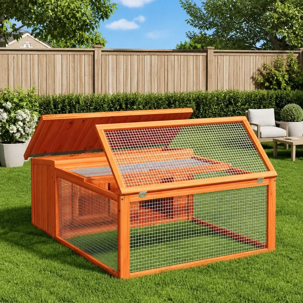 Rabbit Hutch Solid Wood Pine Brown Outdoor Small Pet Cage Guinea Pig House