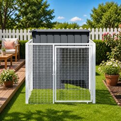 Dog House with Run Anthracite Galvanised Steel Outdoor Pet Kennel Enclosure