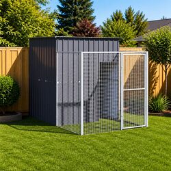 Dog House with Run Anthracite Galvanised Steel Outdoor Pet Kennel Cage Enclosure