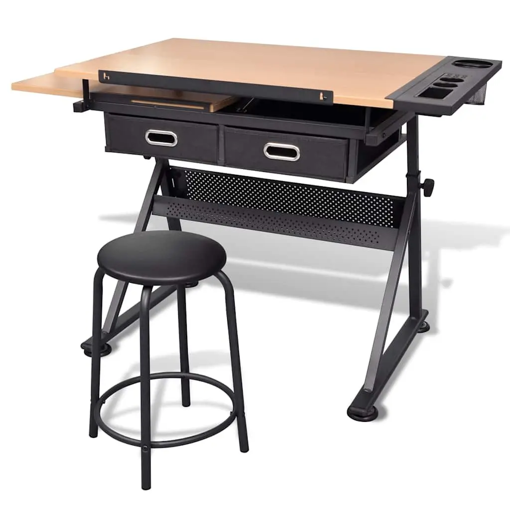 Drawing Table Tiltable Top Adjustable Height Brown MDF with Iron Legs