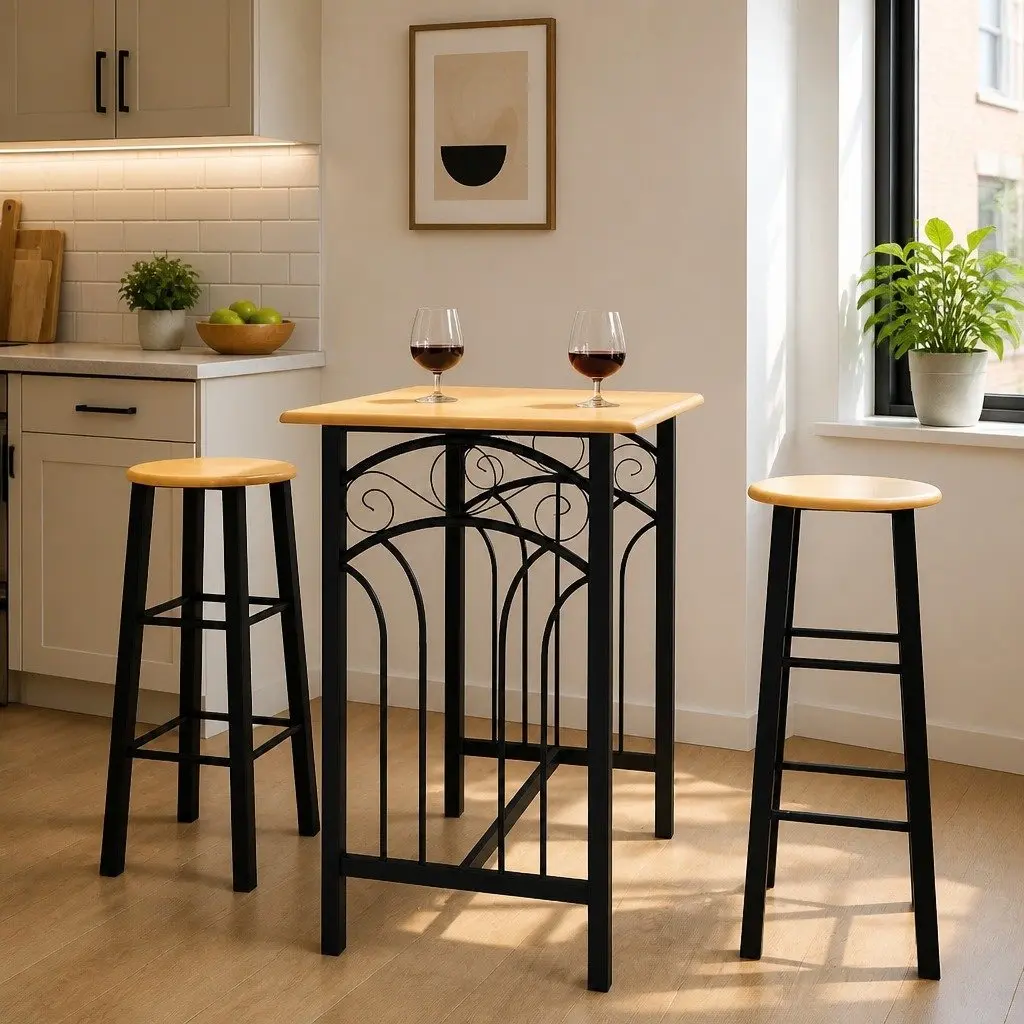 Dining Set Rectangular Table with 2 High Stools Black Space Saving