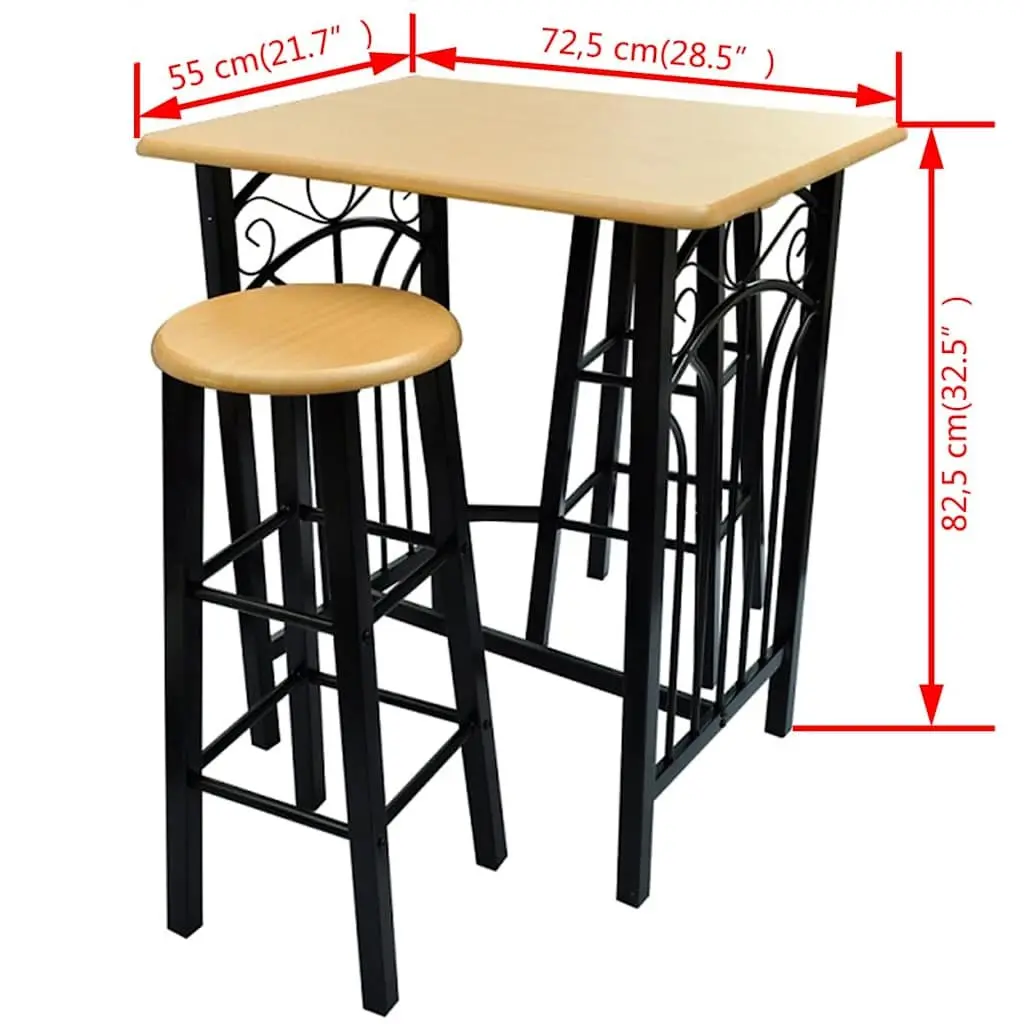 Dining Set Rectangular Table with 2 High Stools Black Space Saving
