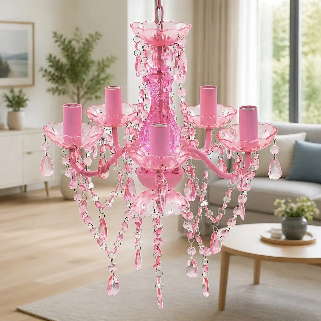 Crystal Ceiling Light Chandelier 5 Bulbs Pink Decorative Fixture for Living Room Bedroom Dining Room