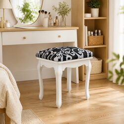 Dressing Stool Black Fabric Vintage Design Curved Legs Padded Seat Bedroom